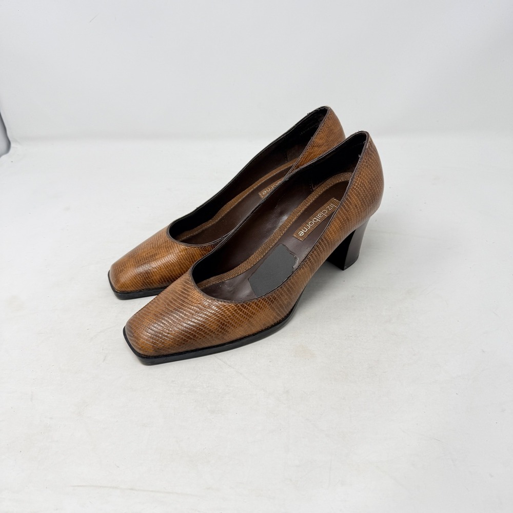 Vintage Liz Claiborne Pumps Brown 8M Lizard Embossed Square Toe Block Heel